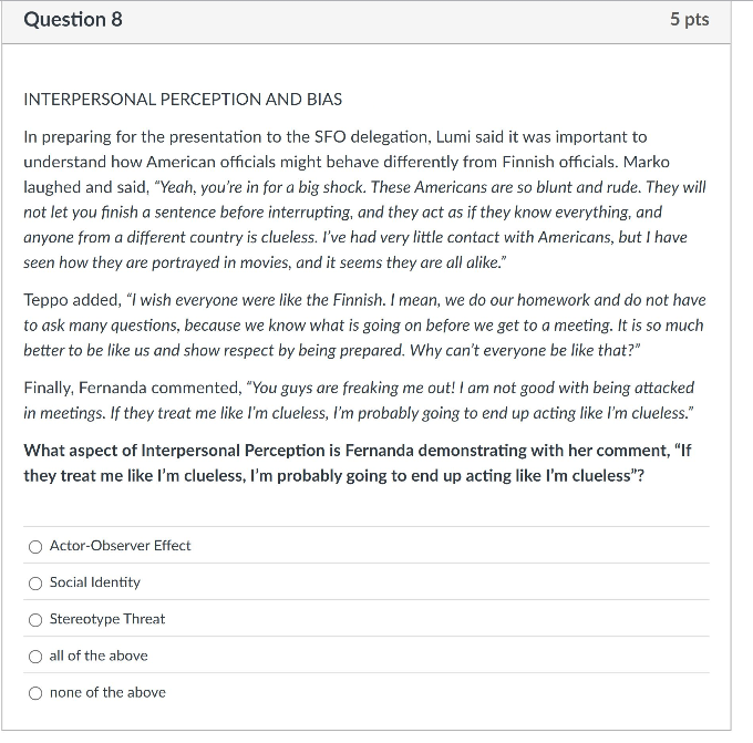 answer Question 8 5 pts INTERPERSONAL PERCEPTION