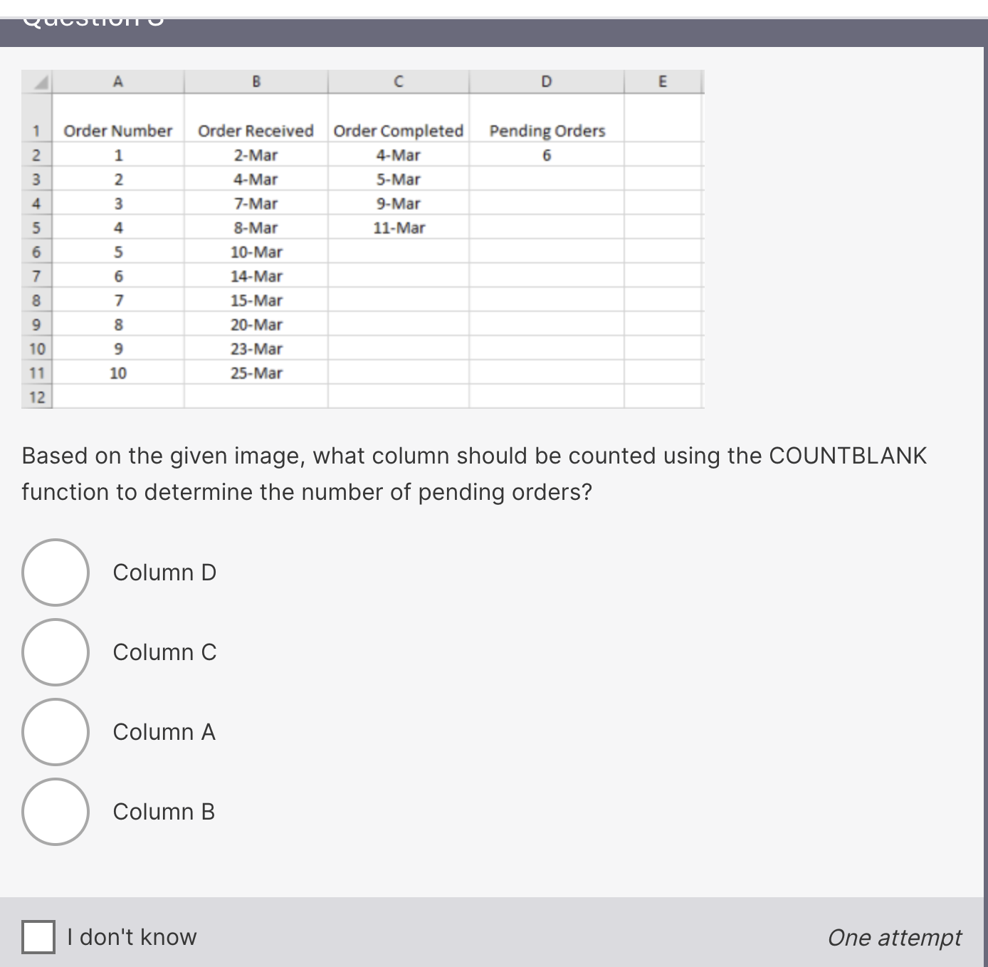 answer A B D E Order Number Order Received Order