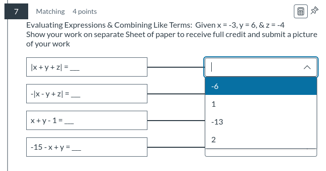 answer 7 Matching 4 points Evaluating Expressions