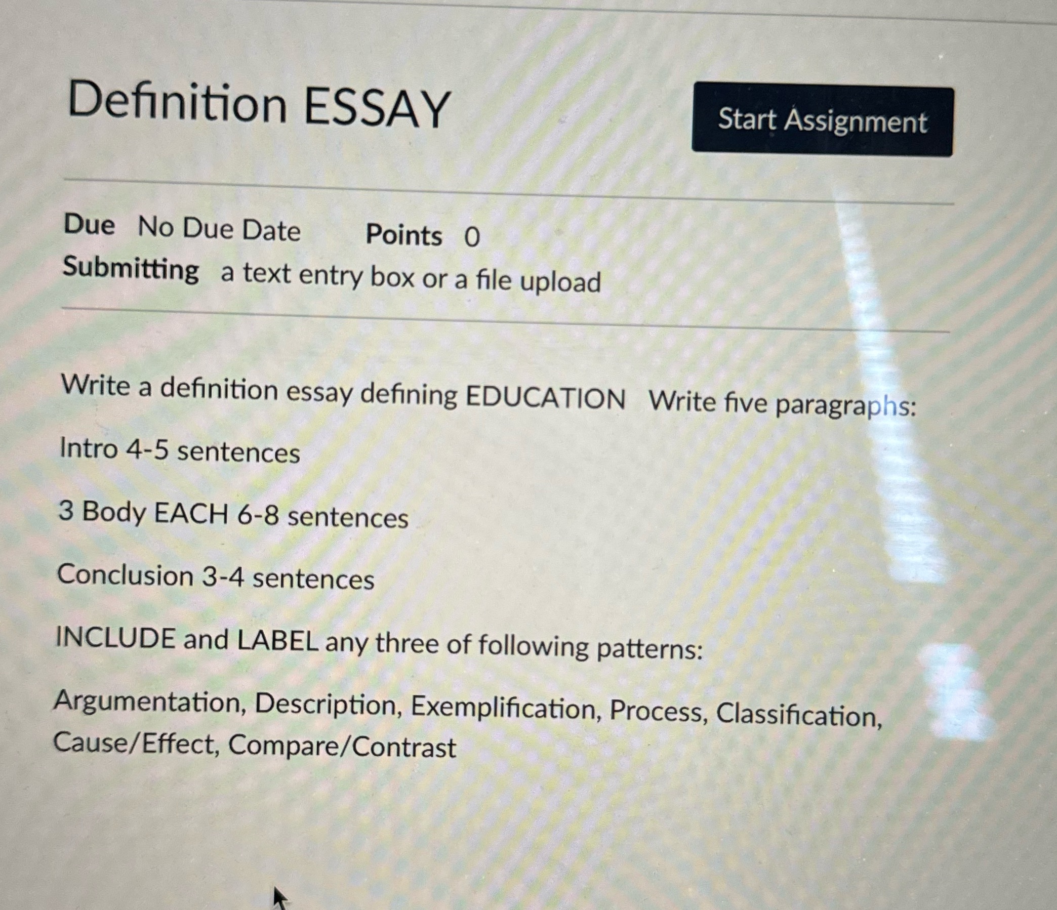 Definition ESSAY Start Assignment Due No Due Date
