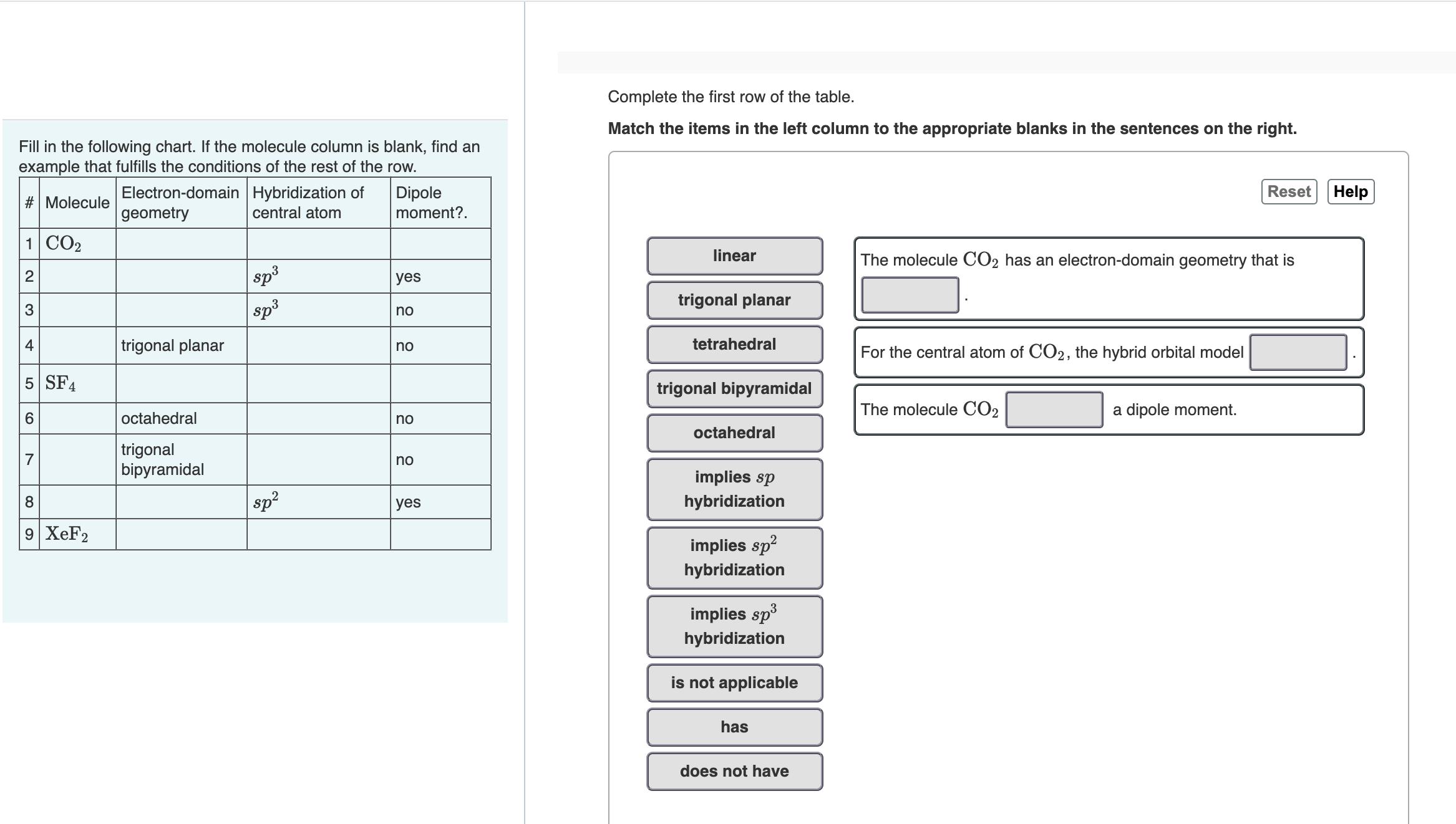 answer Complete the first row of the table. Match