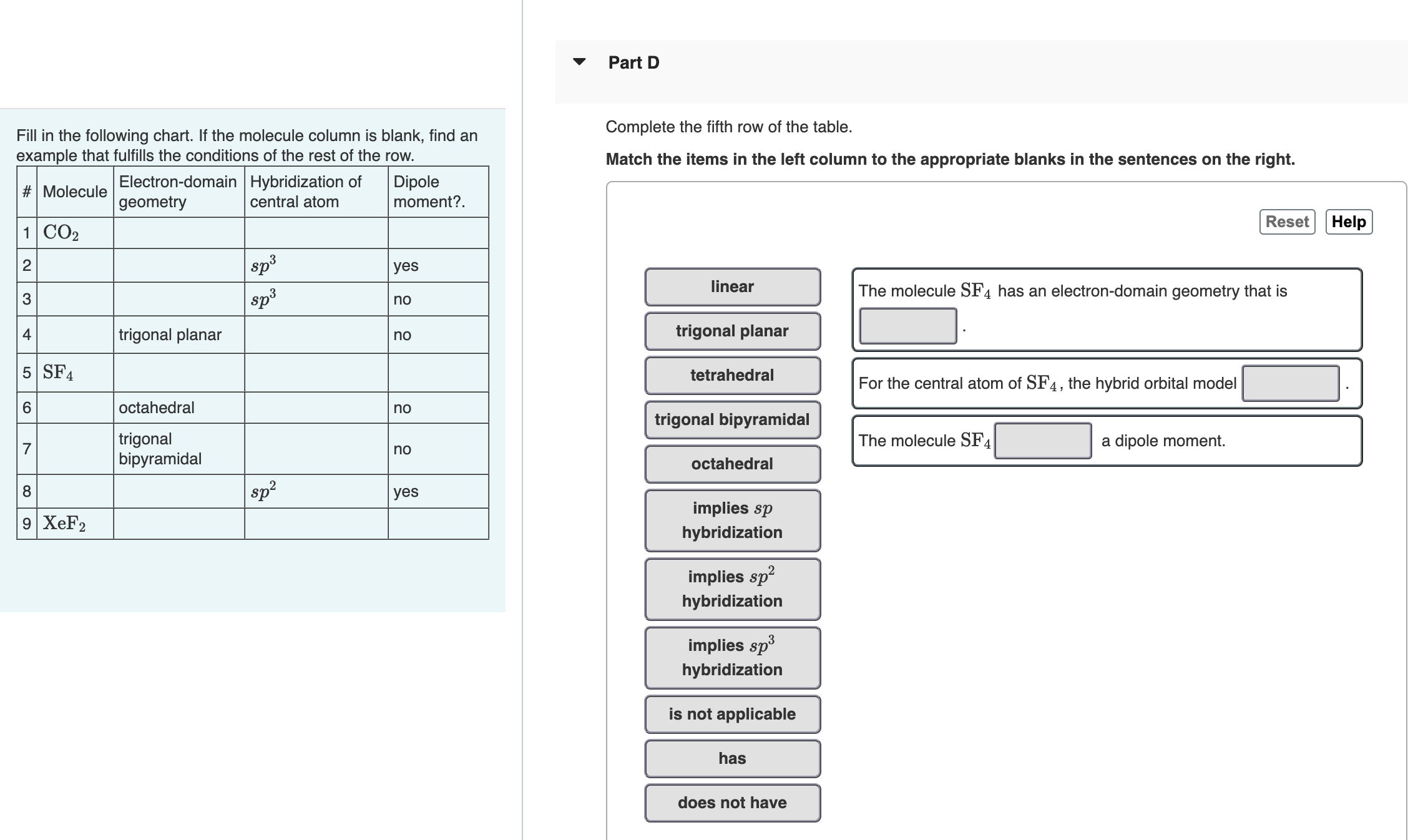 answer V Part D Fill in the following chart. If