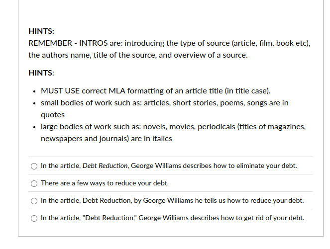 answer HINTS: REMEMBER. - INTROS are: introducing