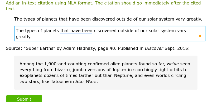 Add an in-text citation using MLA format. The