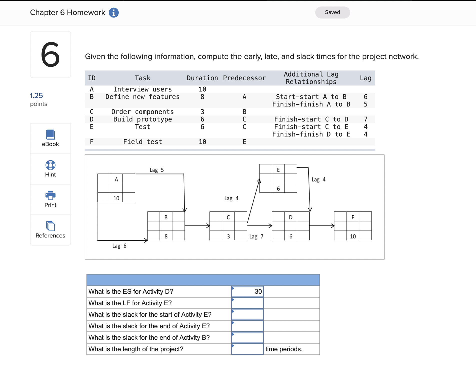 Chapter 6 Homework ) Saved Given the following