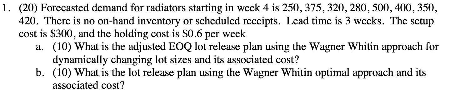 1. (20) Forecasted demand for radiators starting