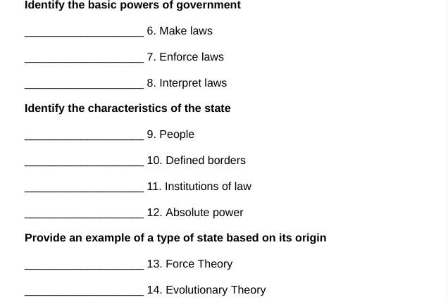 answer Identify the basic powers of government 6.
