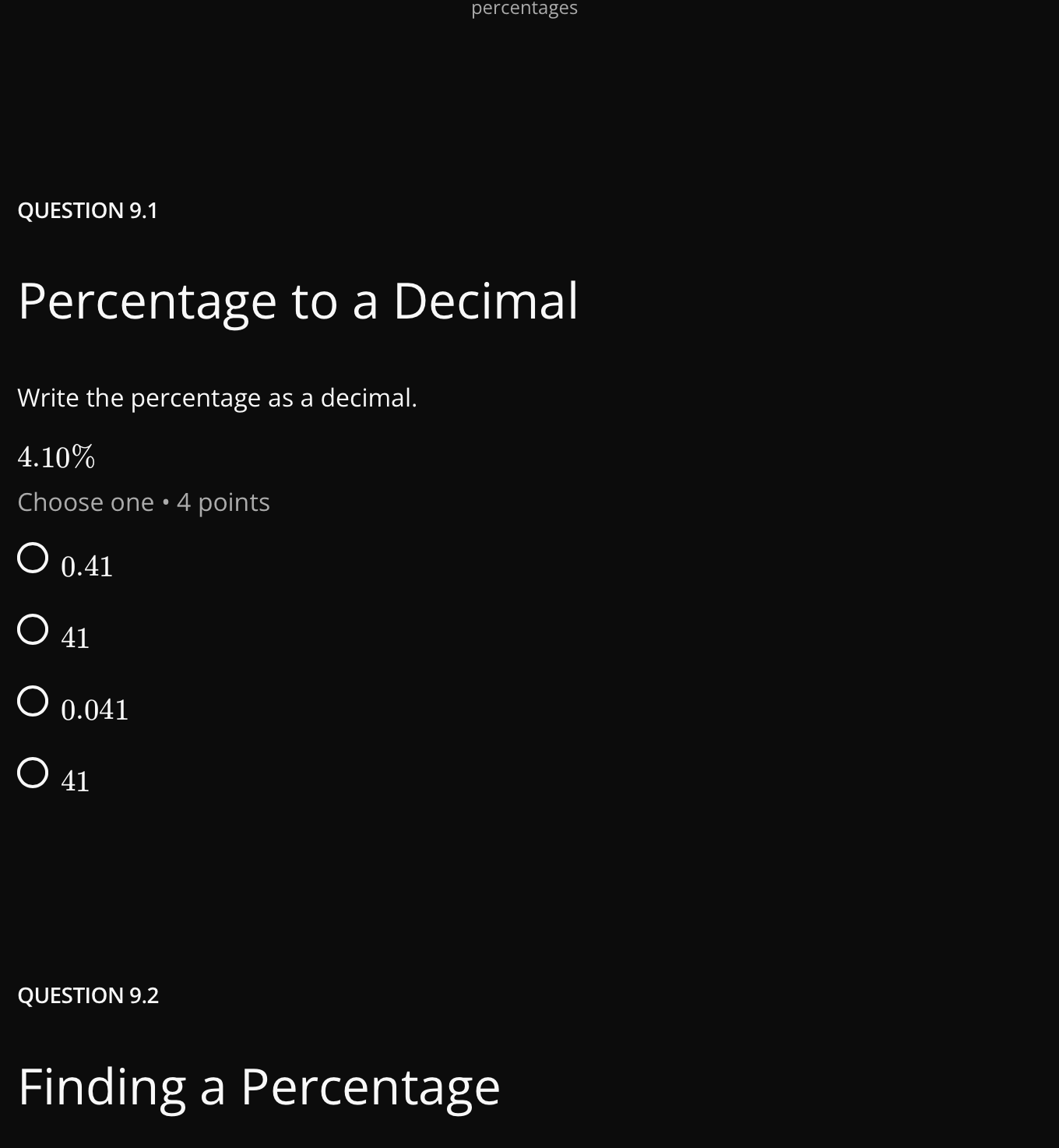 answer percentages QUESTION 9.1 Percentage to a