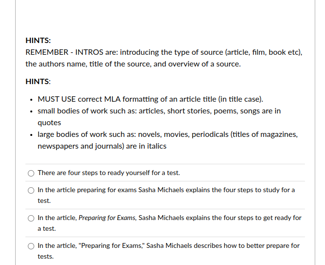 answer HINTS: REMEMBER - INTROS are: introducing