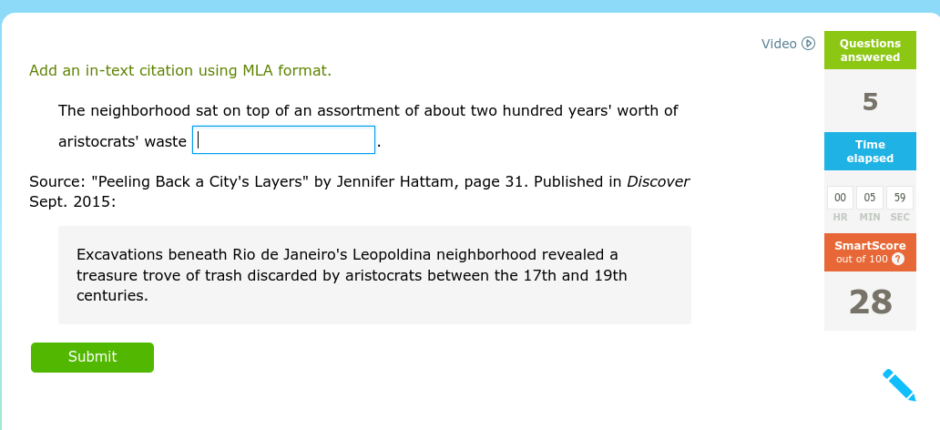 Add an in-text citation using MLA format. Video Q