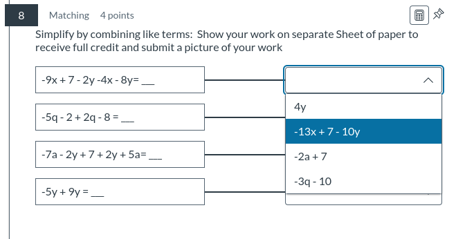 answer 8 Matching 4 points Simplify by combining
