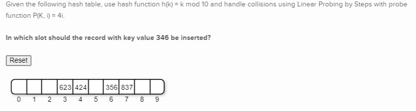 Answer Given the following hash table, use hash