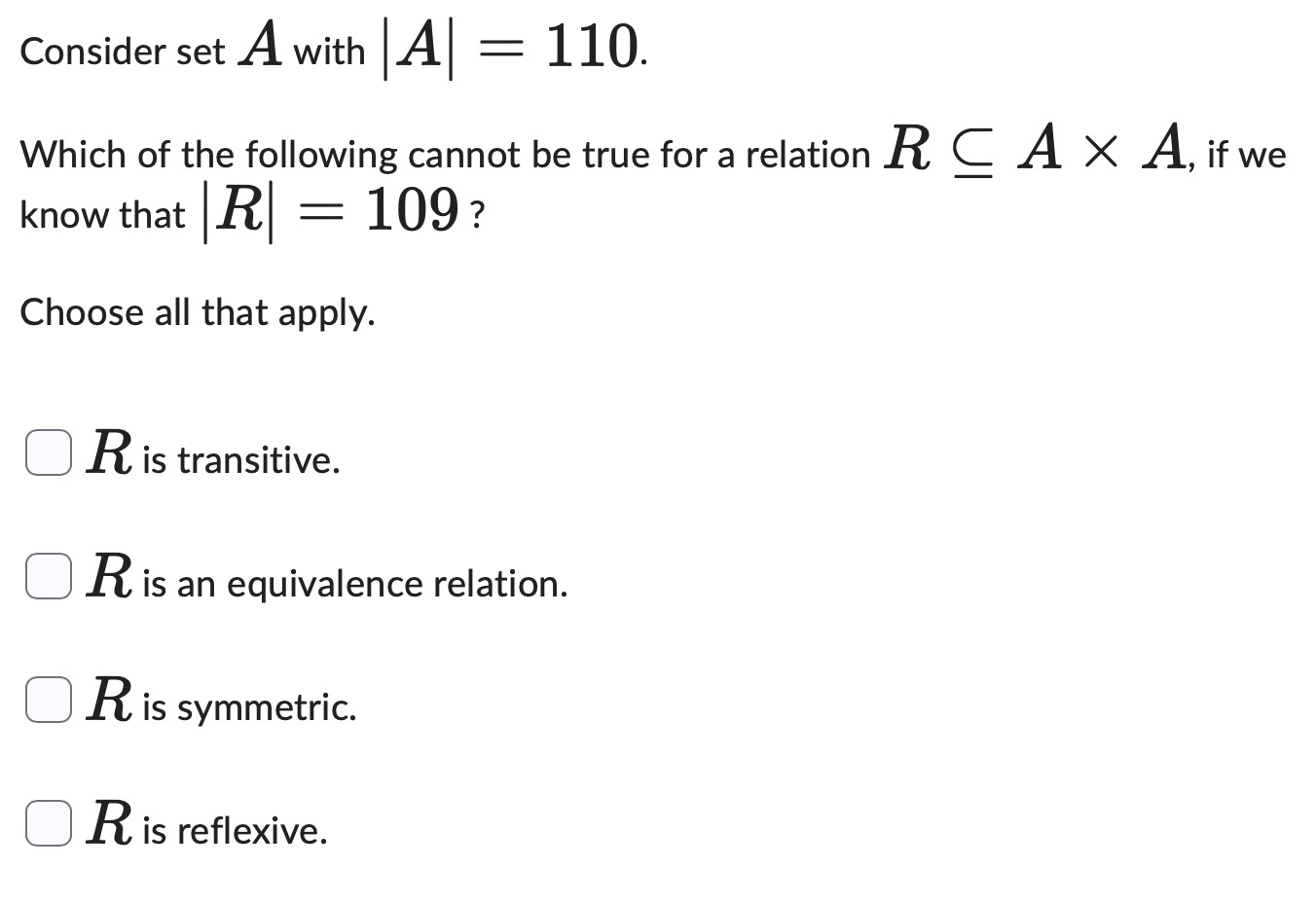 answer Consider set A with A = 110. Which of the