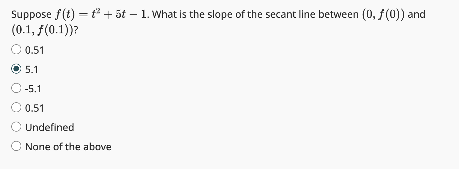 answer Suppose f(t) = t? + 5 1. Whatis the slope