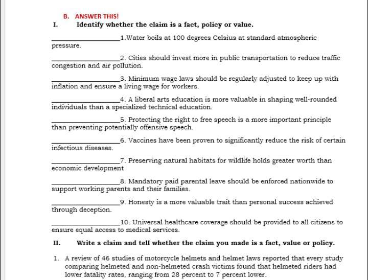 answers B. ANSWER THIS! L Identify whether the