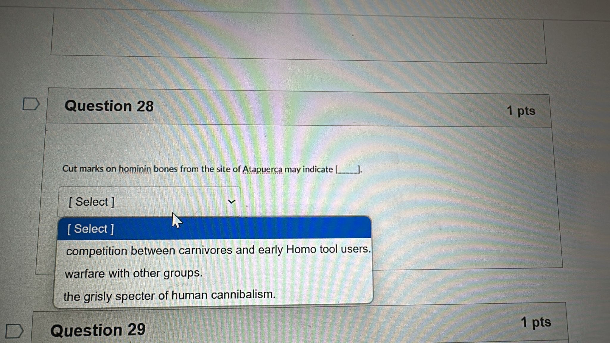 answer D Question 28 1 pts Cut marks on hominin
