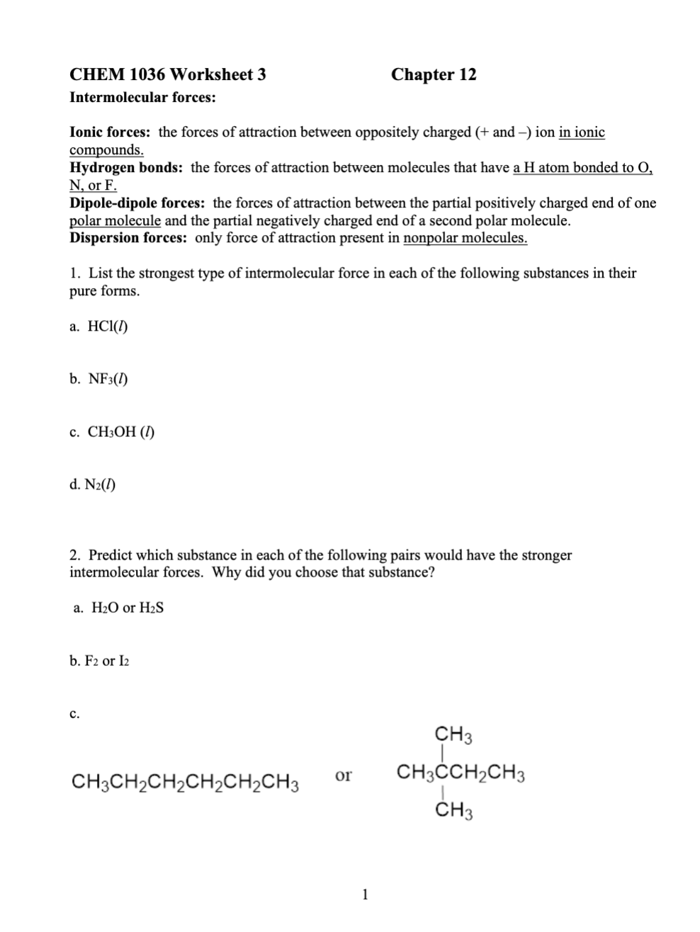 explanation CHEM 1036 Worksheet 3 Chapter 12