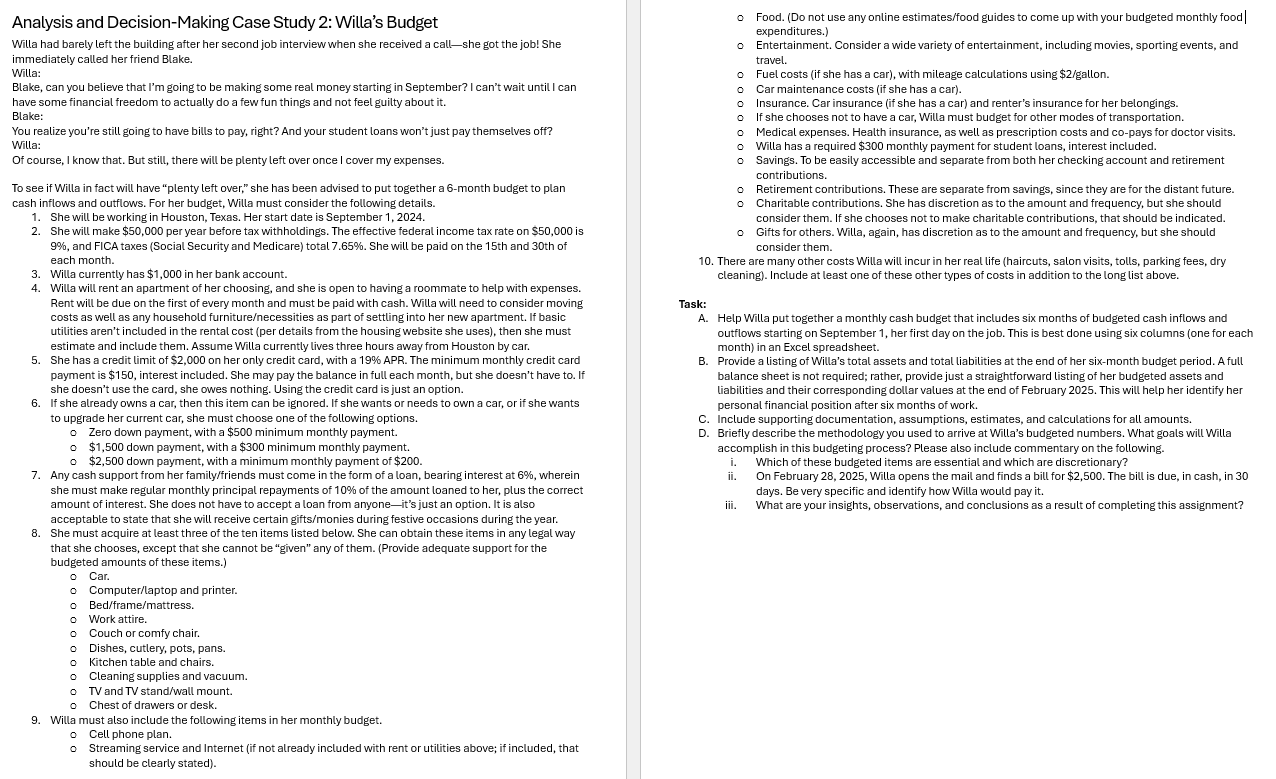 Making Case Study 2 : Willa s Budget Willa had
