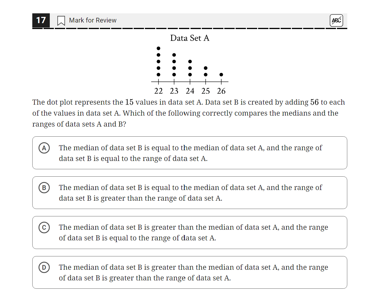answer m Mark for Review a2 Data Set A e o e o o