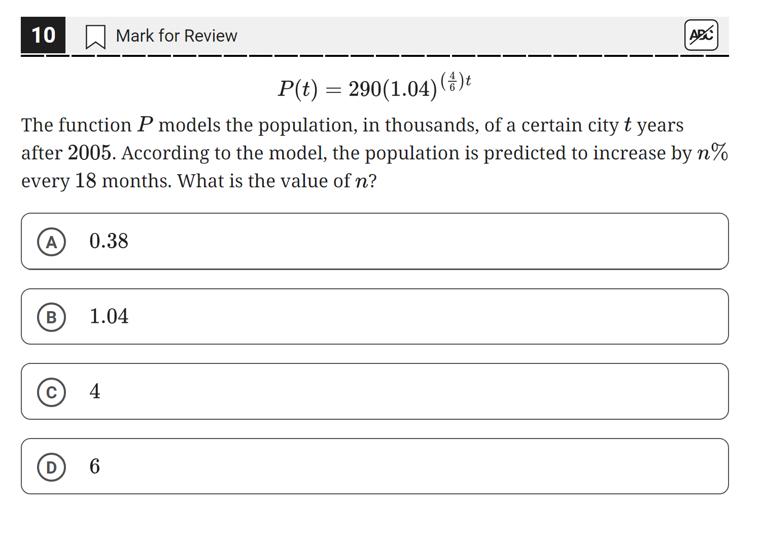 answer m EI Mark for Review A 4 P(t) = 290(1.04)