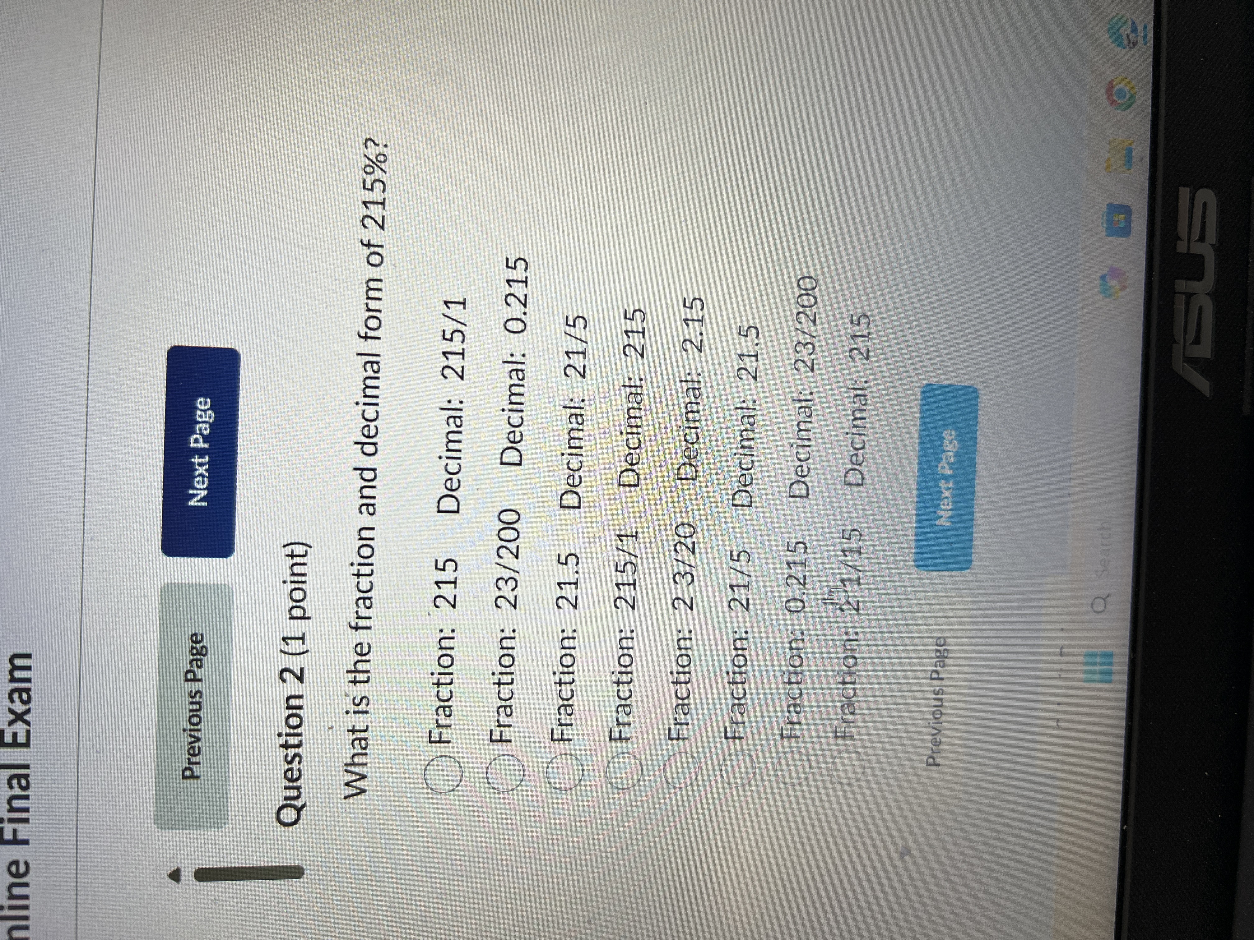 Answer line Final Exam Previous Page Next Page