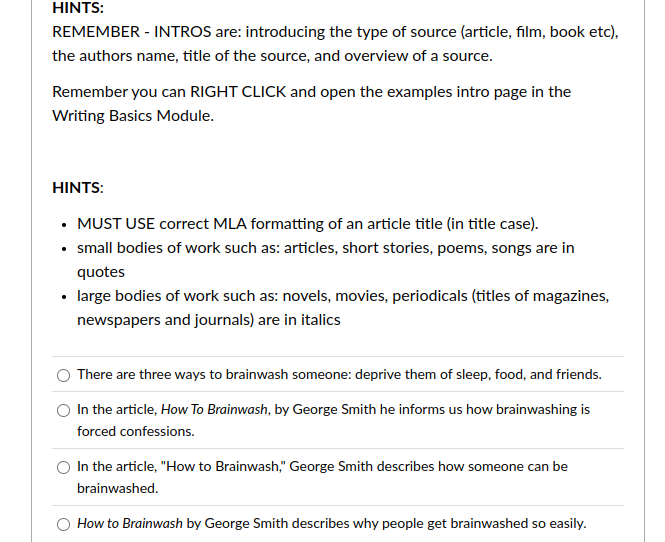 answer HINTS: REMEMBER - INTROS are: introducing