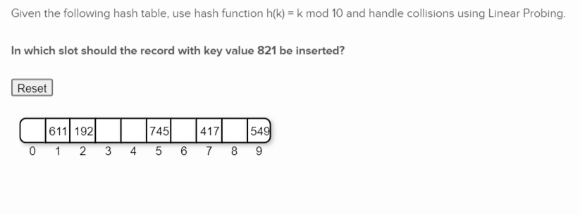 Answer Given the following hash table, use hash