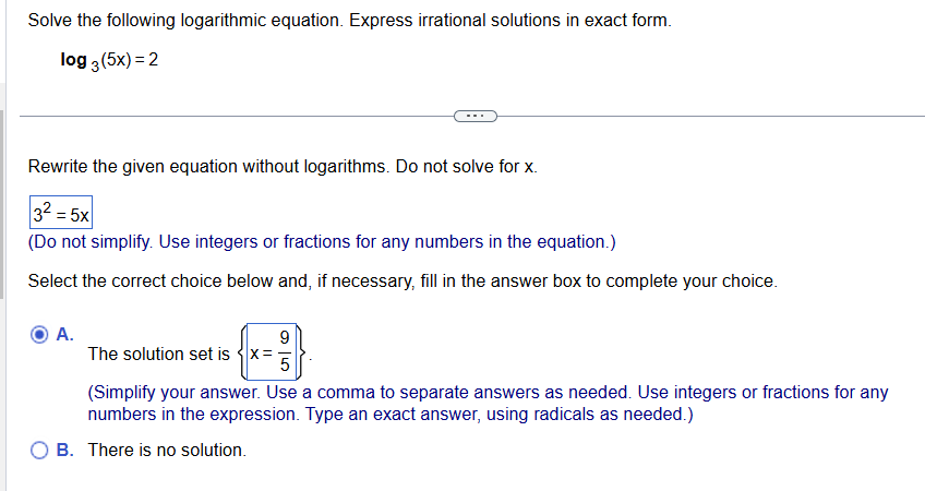 answer Solve the following logarithmic equation.