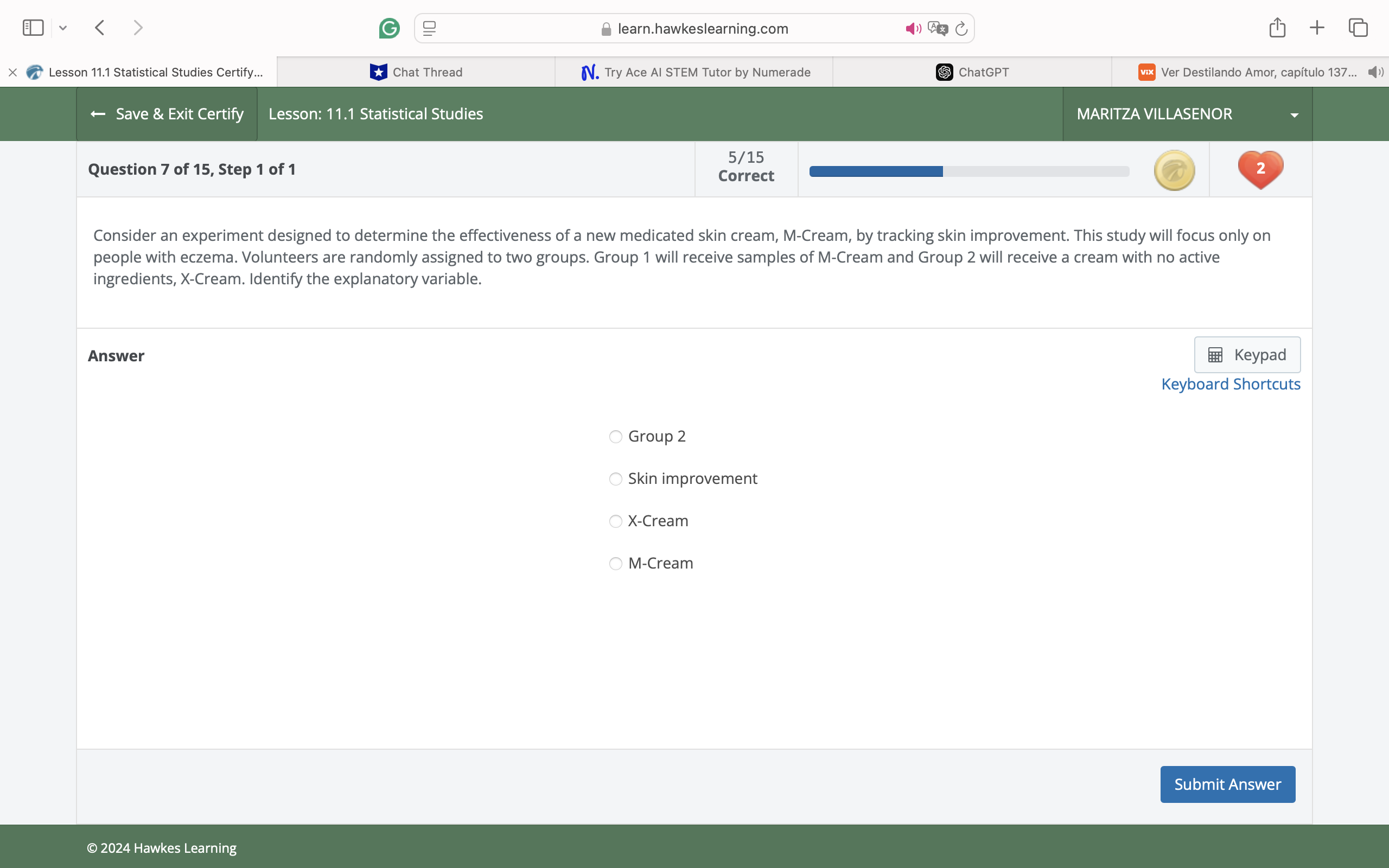 answer G learn.hawkeslearning.com + X Lesson 11.1