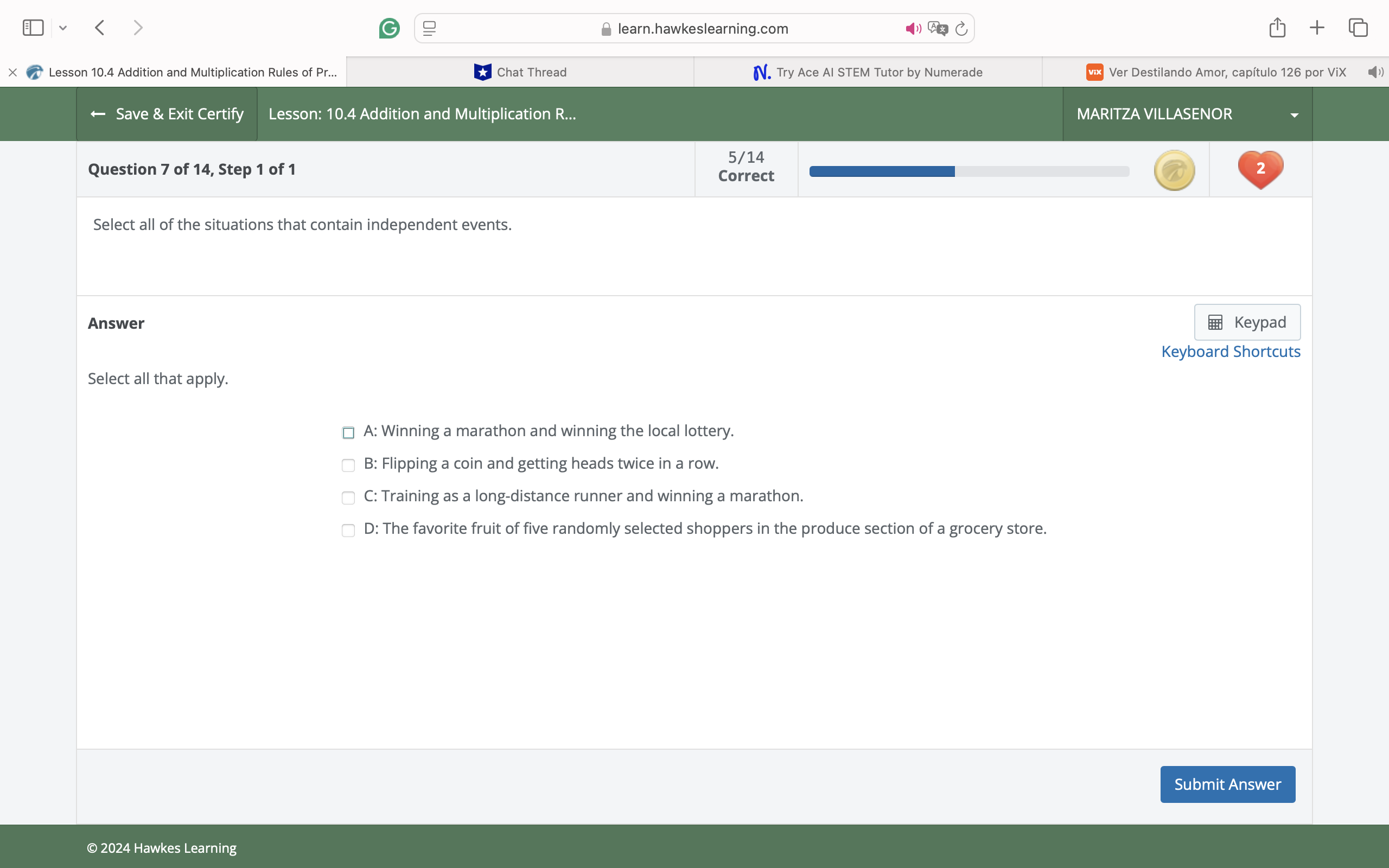 answer E v G 2 learn.hawkeslearning.com + X