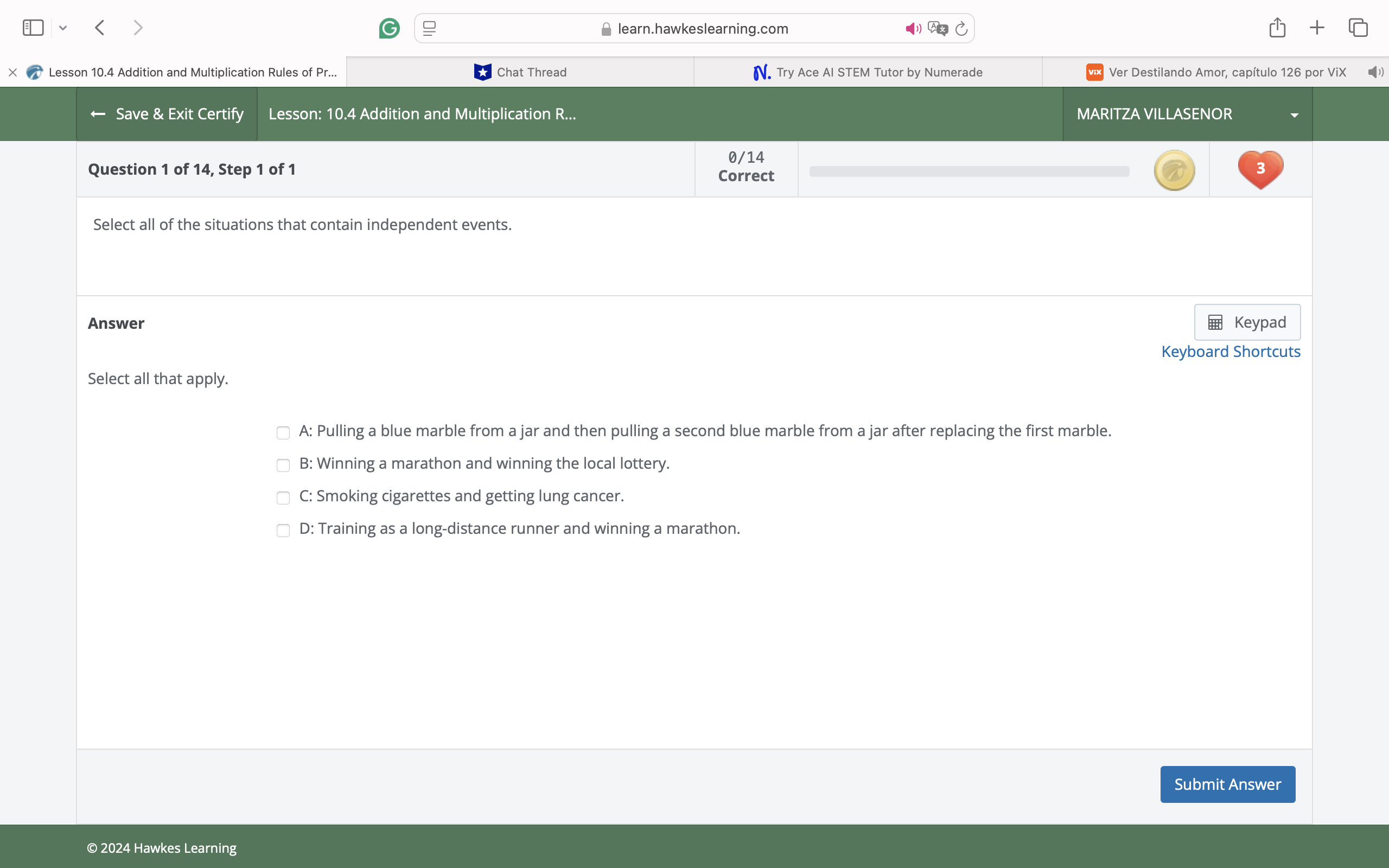 answer E v G 2 learn.hawkeslearning.com + X