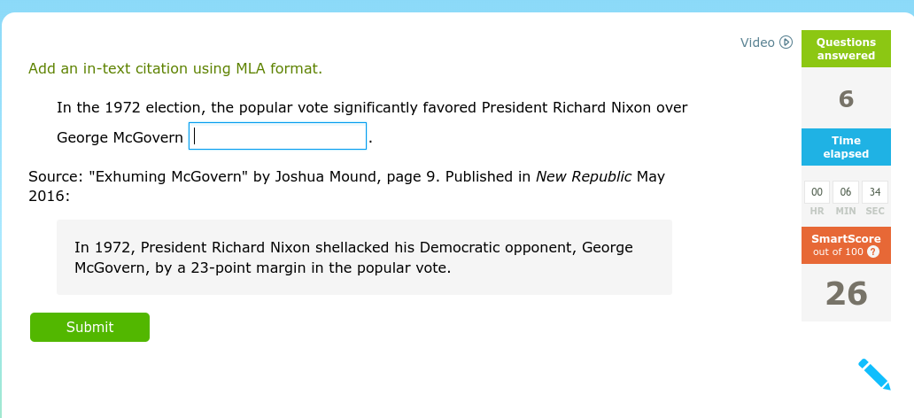 Add an in-text citation using MLA format. Video Q