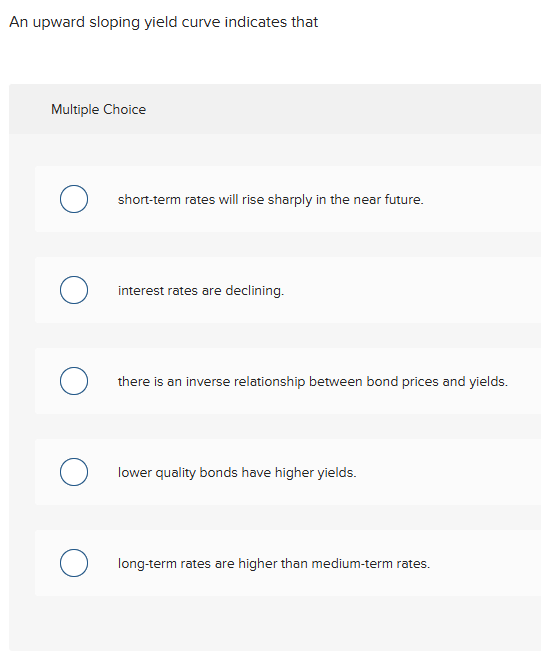 answer An upward sloping yield curve indicates
