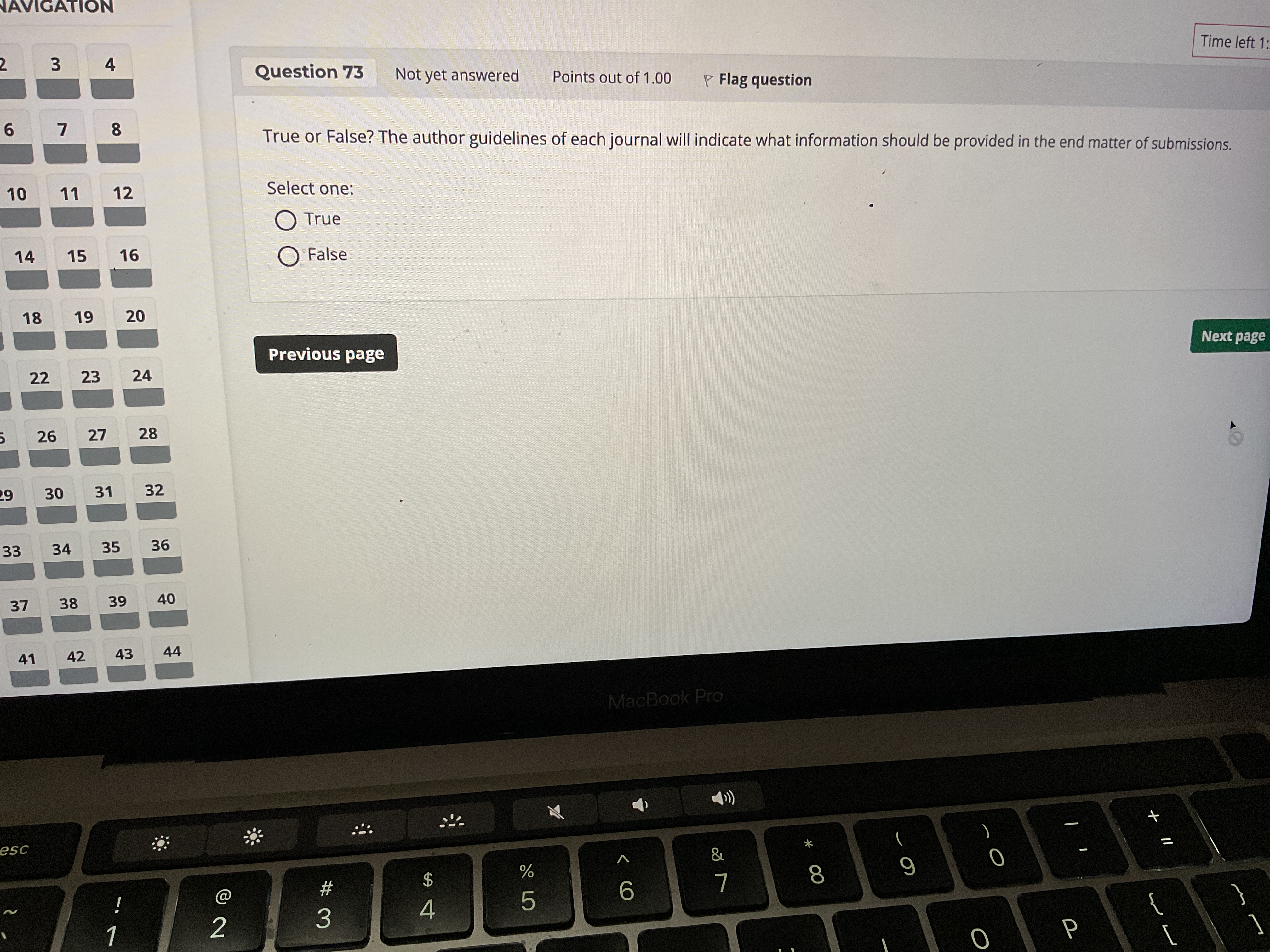 Answer NAVIGATION Time left 1 A Question 73 Not