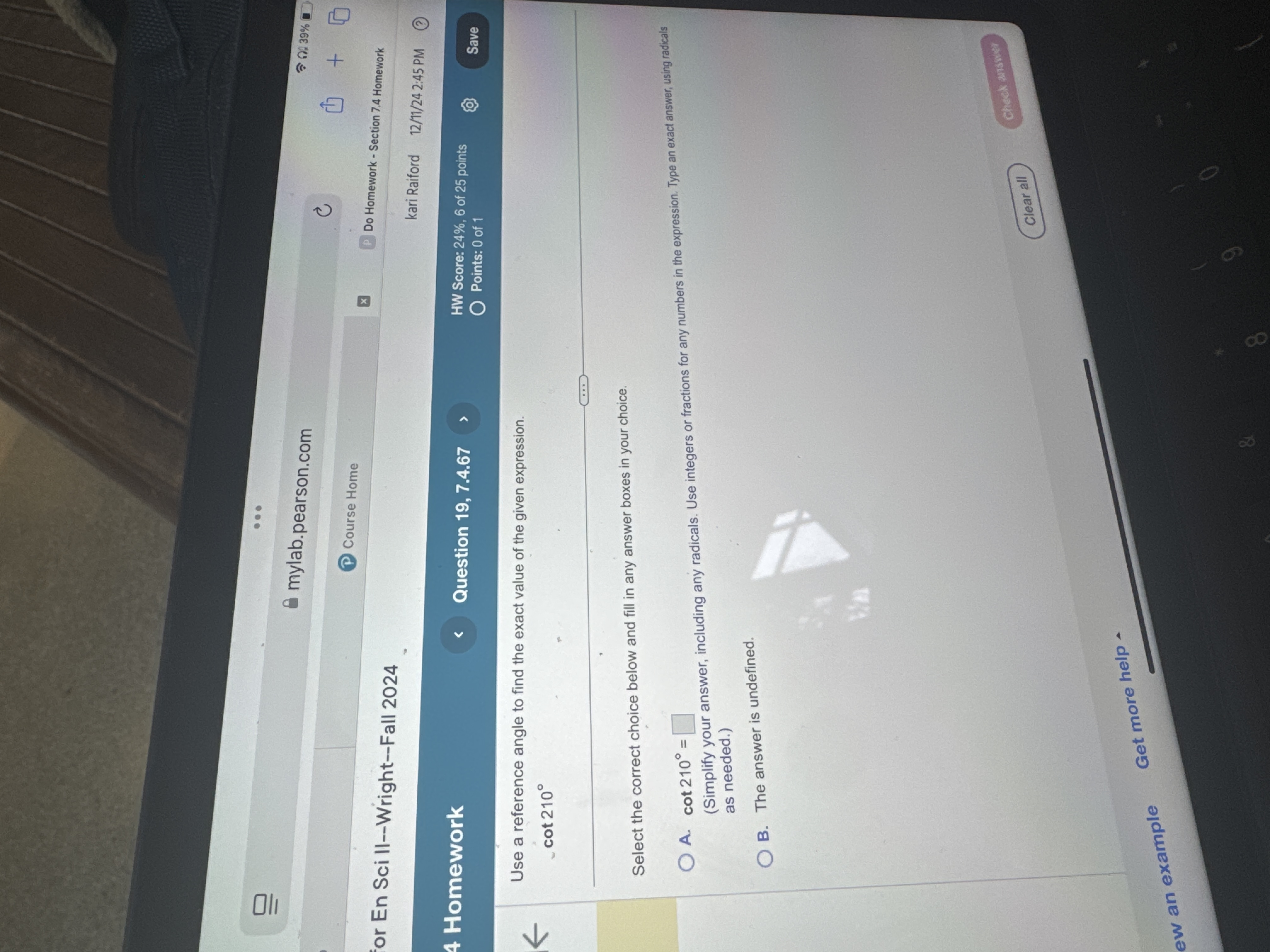 Just give me answer . . . 0 39% mylab.pearson.com