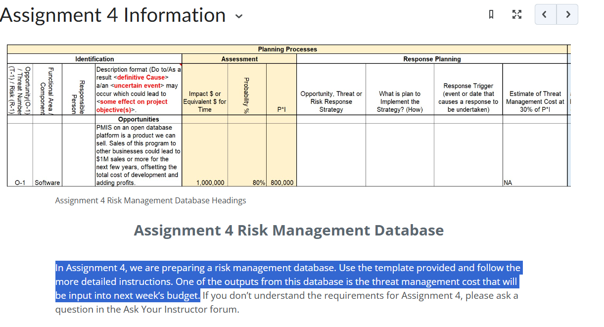 In Assignment 4, we are preparing a risk