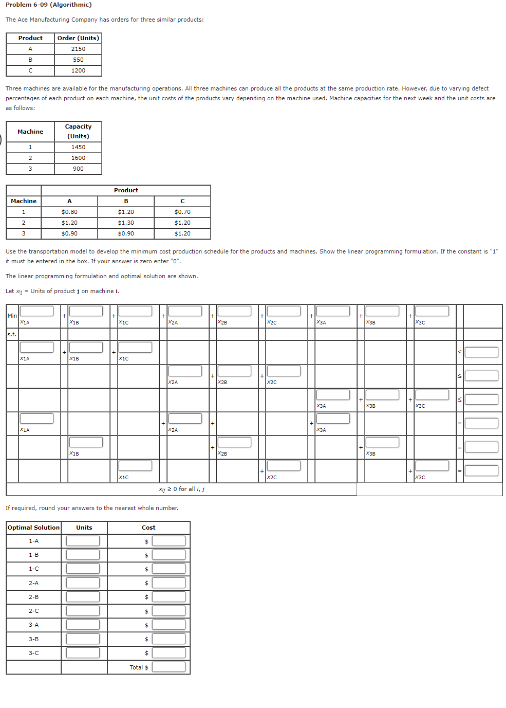 Problem 6-09 (Algorithmic) The Ace Manufacturing