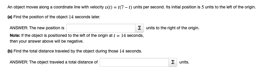 answer An object moves along a coordinate line