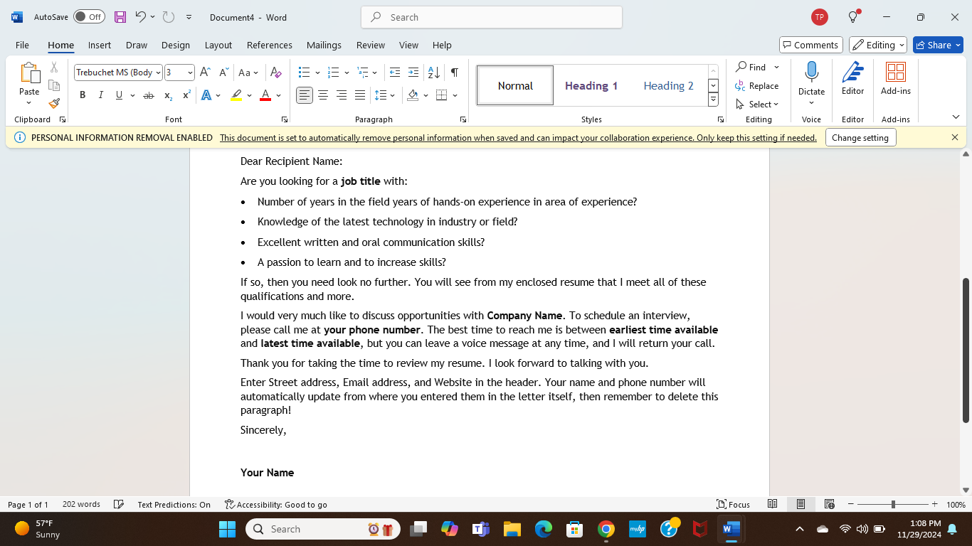 Could someone help me do a cover letter based on