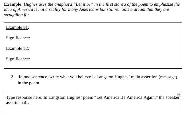 answer Example: Hughes uses the anaphora "Let it
