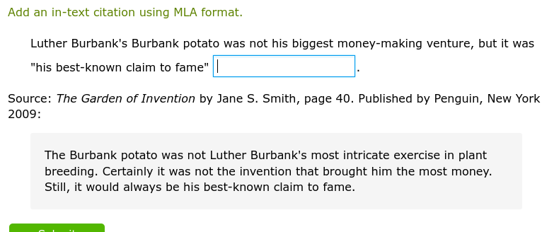 Add an in-text citation using MLA format. Add an