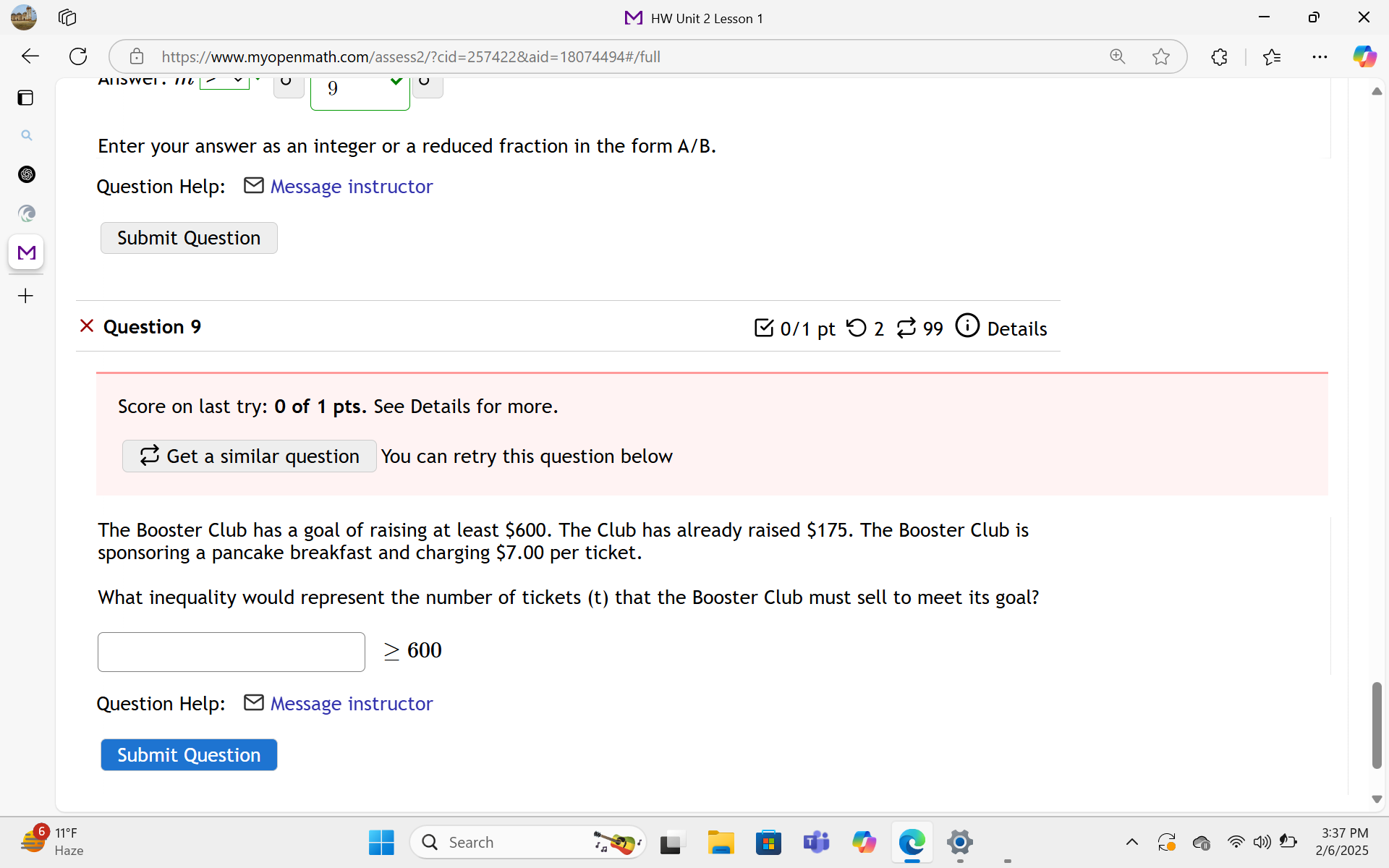 answer this question M HW Unit 2 Lesson 1 X C