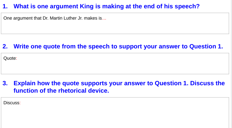 answer the questions 1. What is one argument King