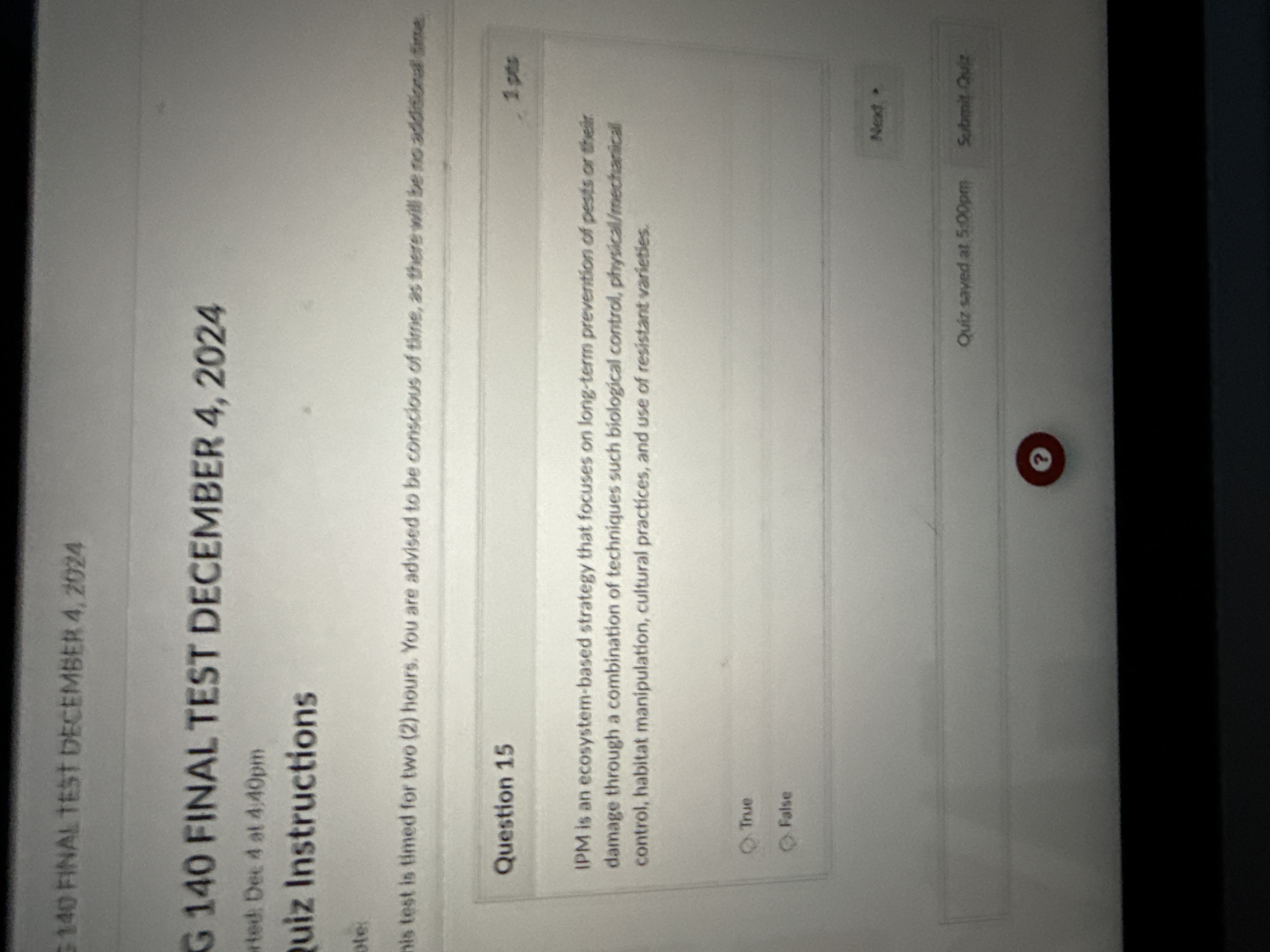 Answer 140 FINAL TEST DECEMBER 4, 2024 G 140