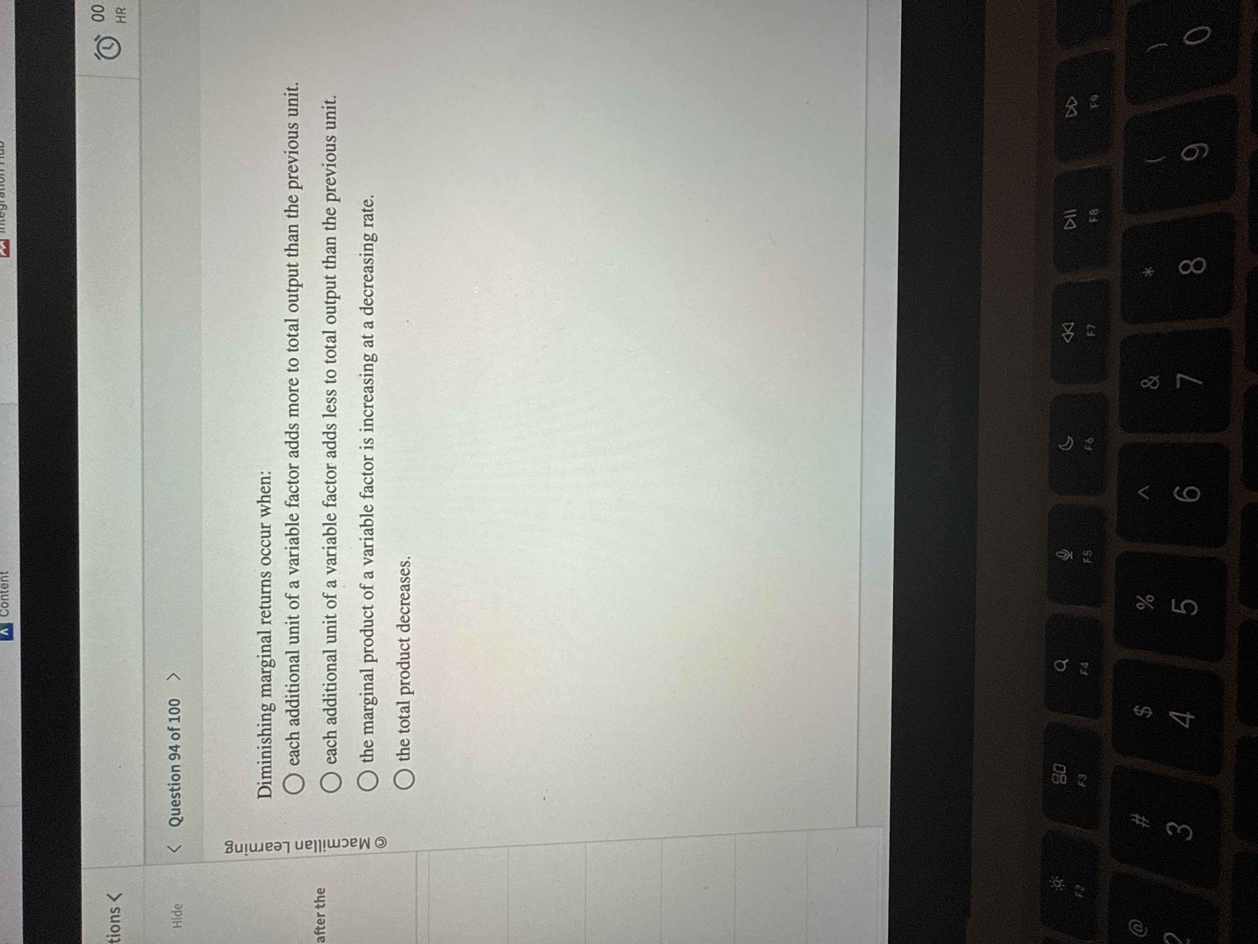 answer A Content 00 tions < HR Hide < Question 94