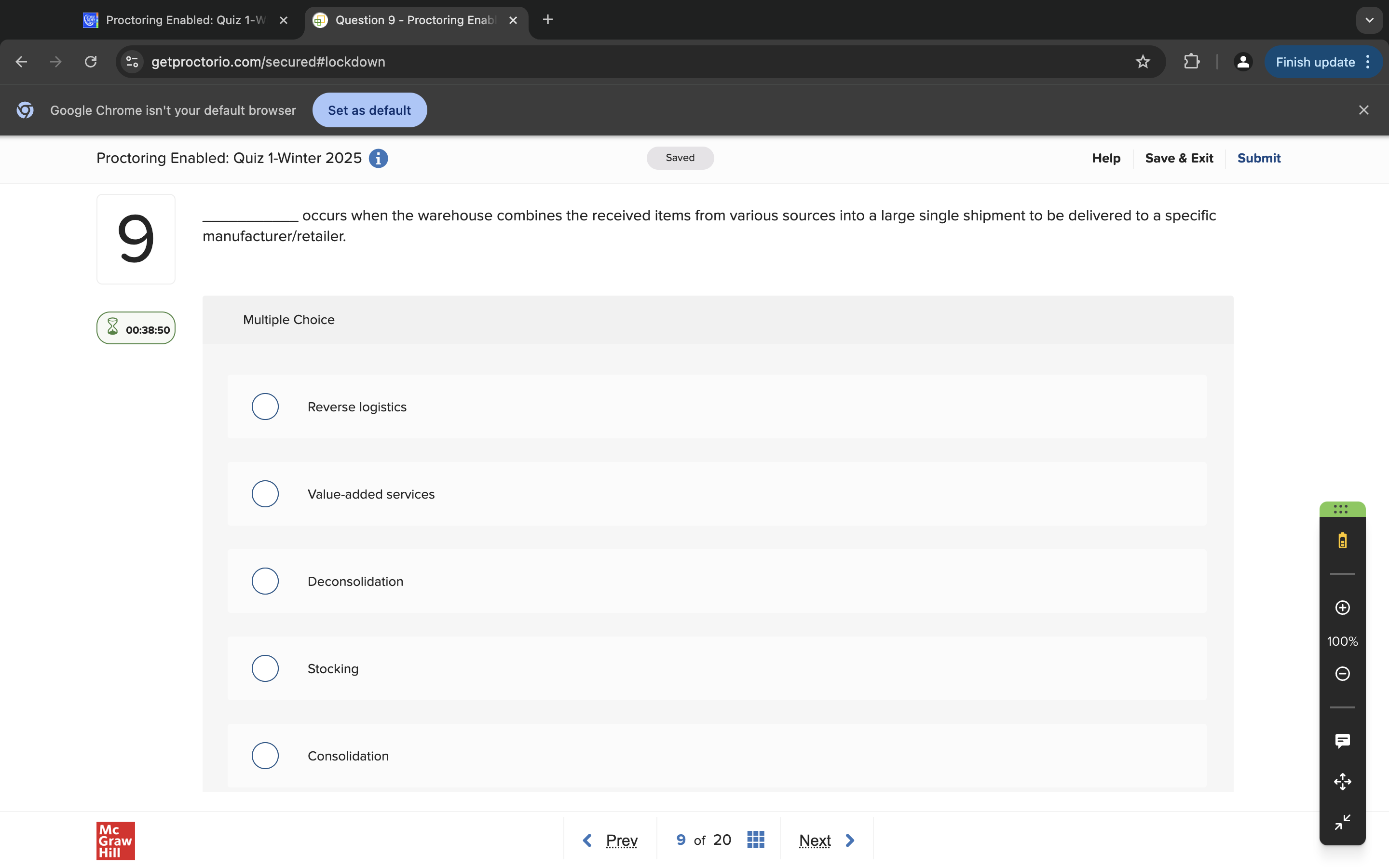 answer Proctoring Enabled: Quiz 1-W X Question 9