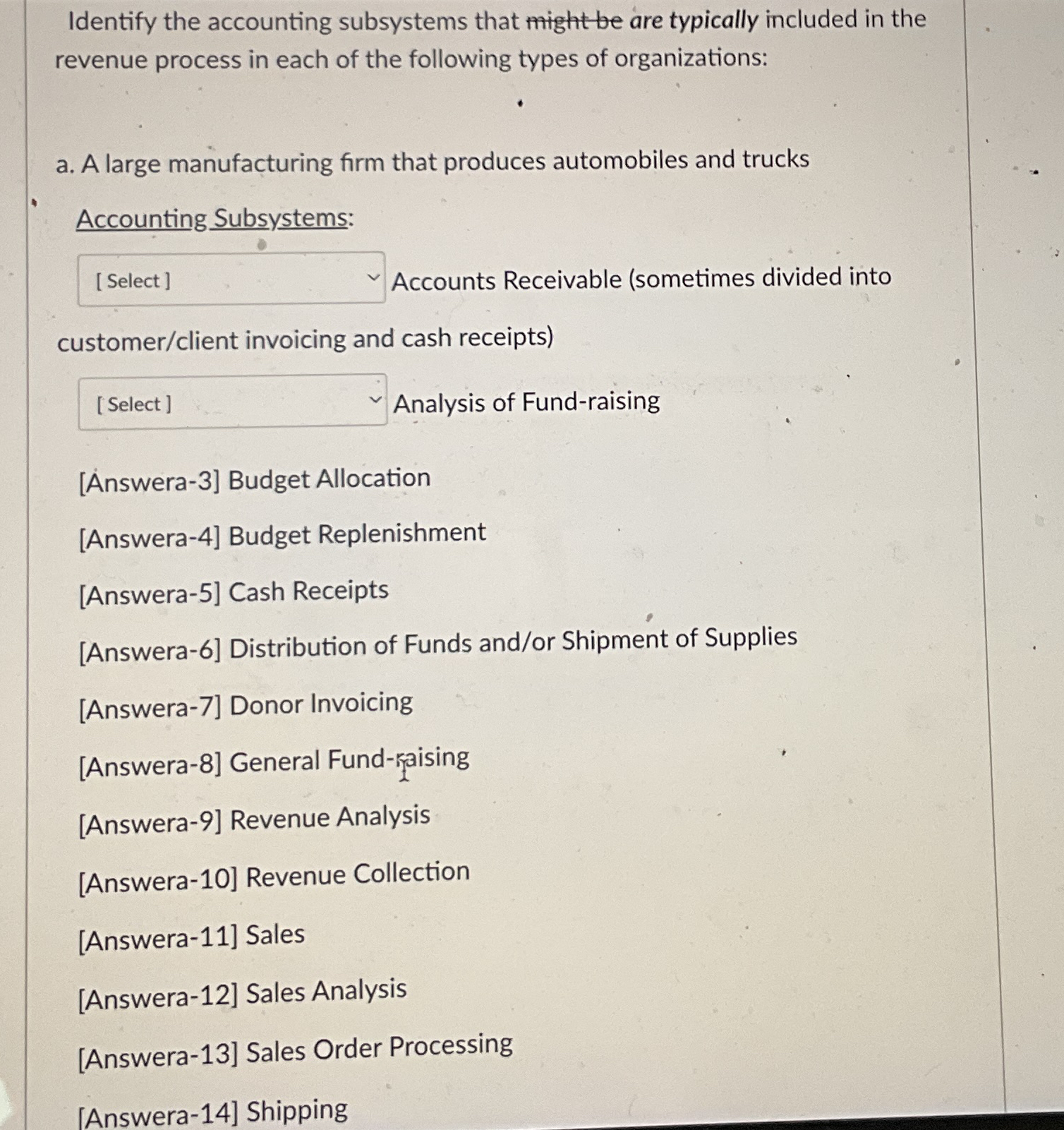 Identify the accounting subsystems that might be