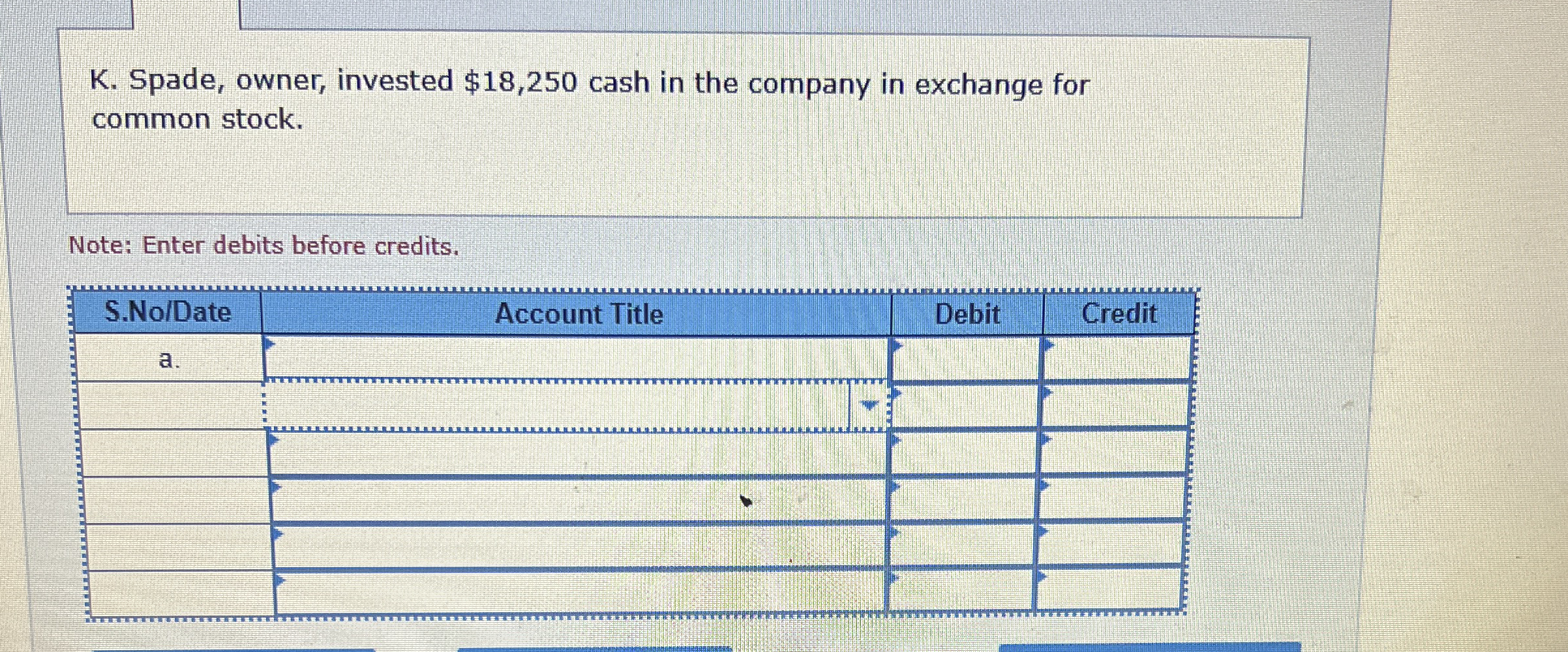 K . Spade, owner, invested $ 1 8 , 2 5 0 cash in