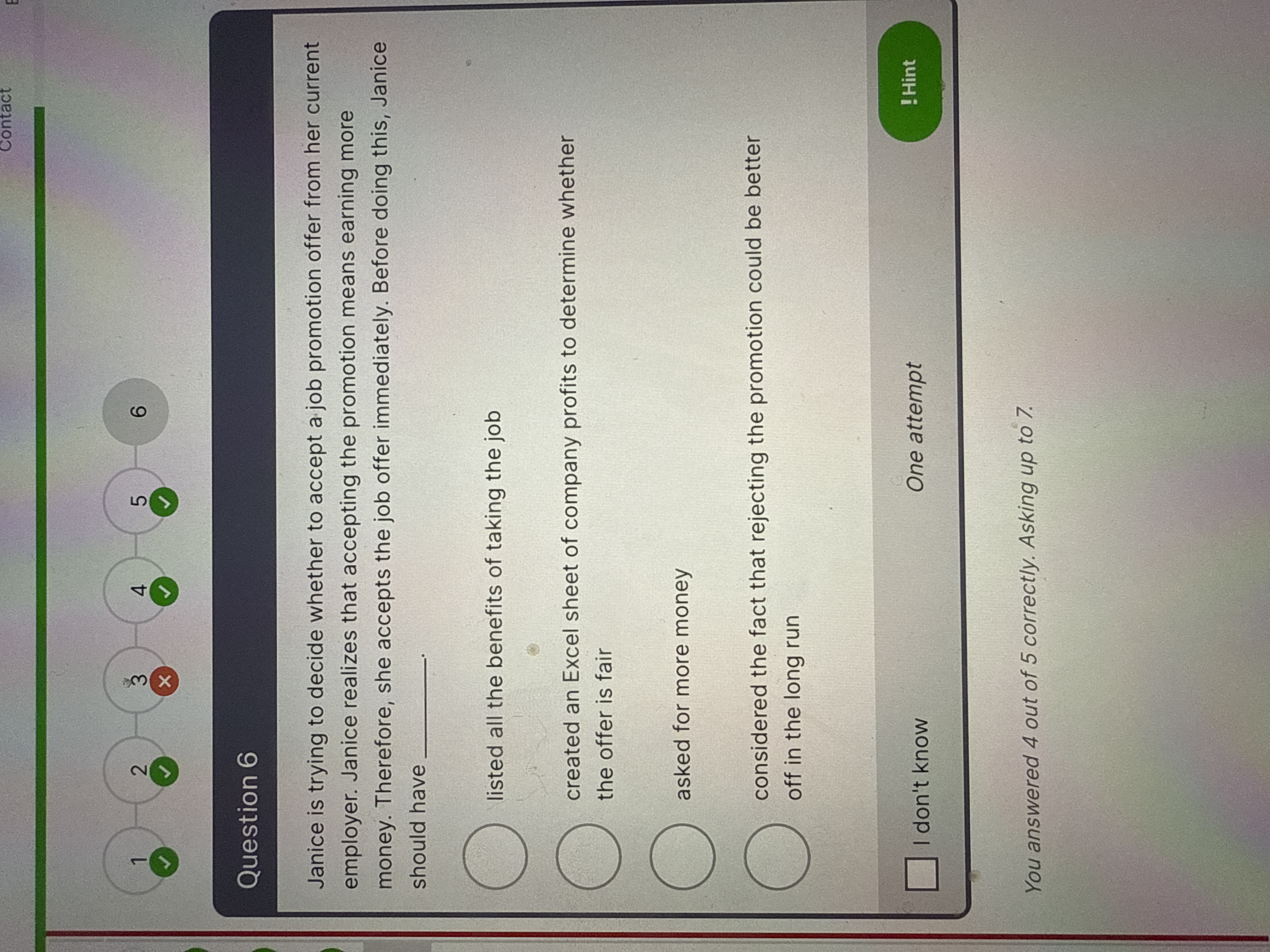 Answer contact We 5 6 Question 6 Janice is trying