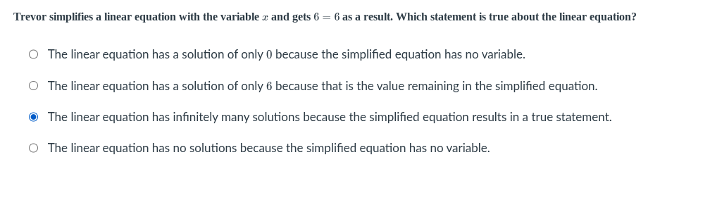 answer Trevor simplifies a linear equation with